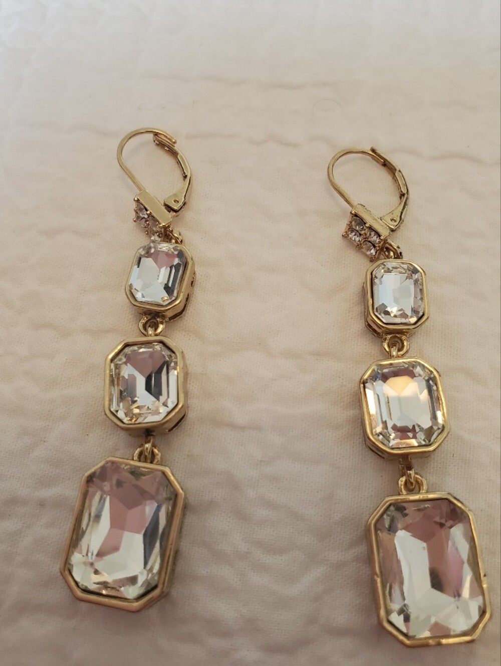 Timeless Gold-Tone Drop Earrings With 3 Sparkly Clear Emerald Cut Crystals